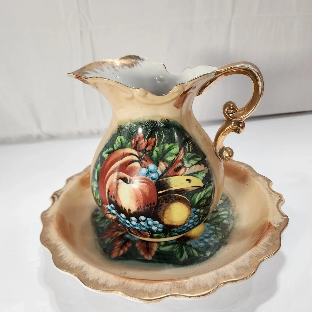 Vintage Fruit Motif Ceramic Pitcher and Basin Set Gold Trim Scalloped Edge 7in